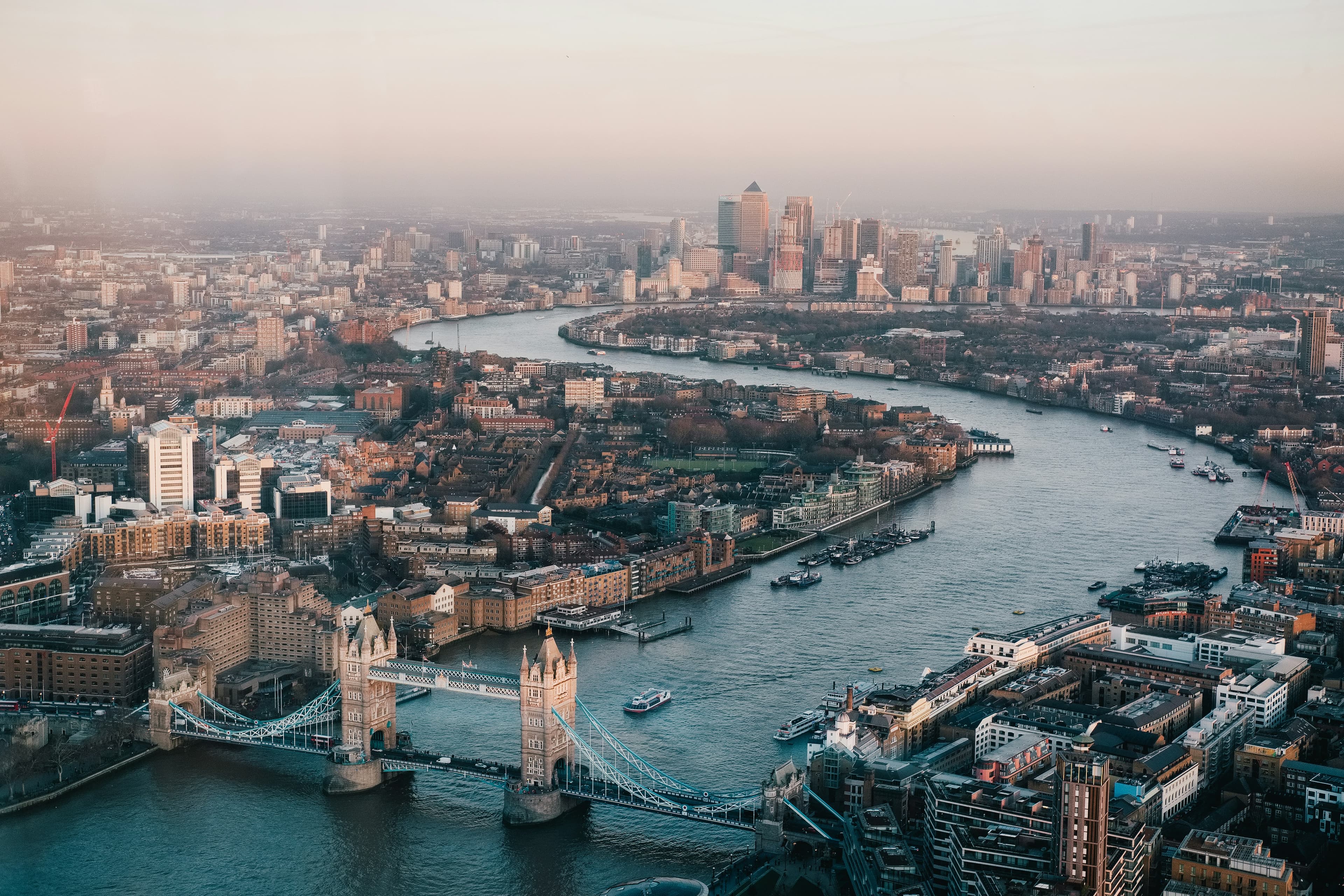 The Thames winding through central London from above