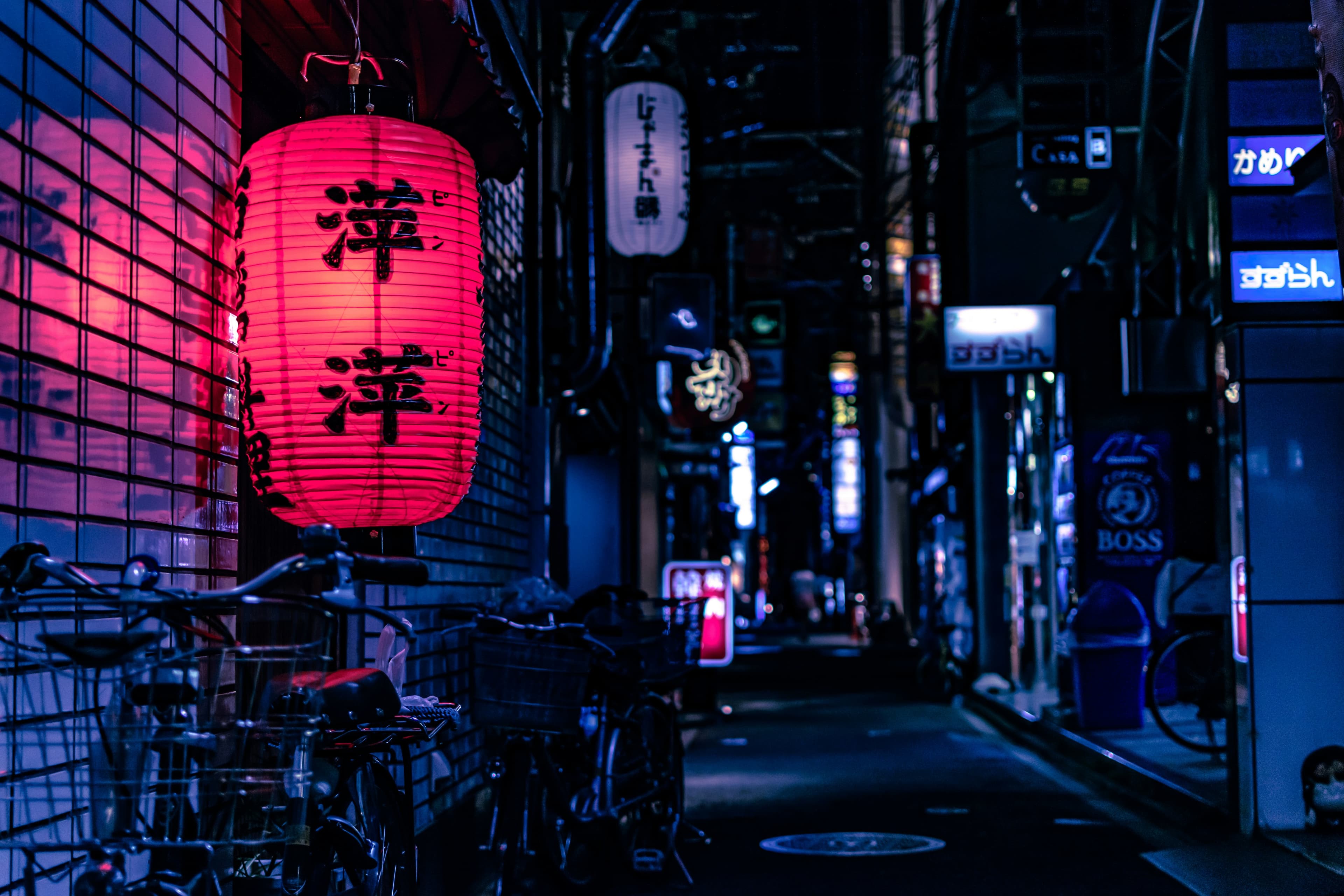 A red lantern glowing in a narrow Tokyo alley