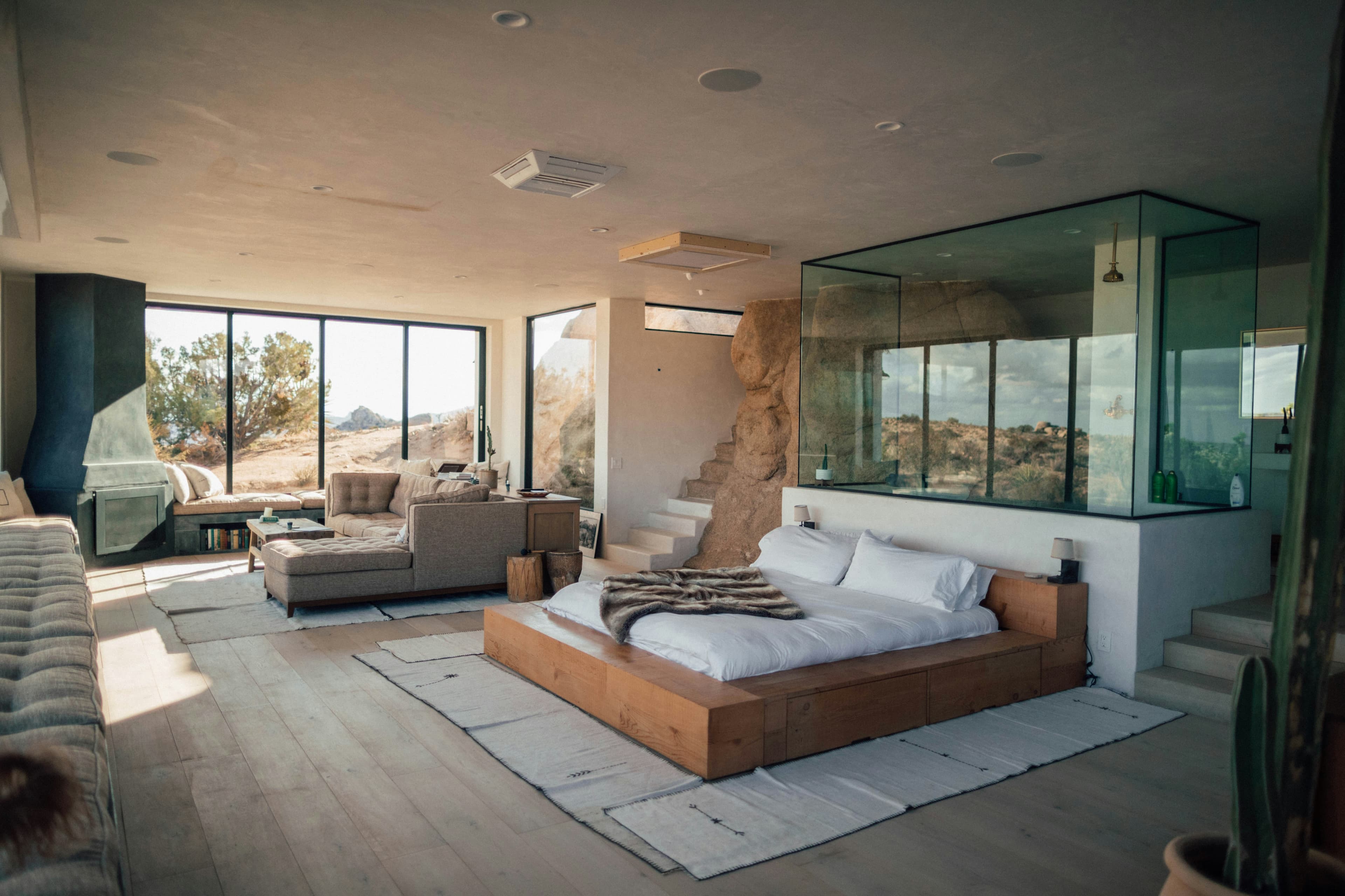 A bright, modern hotel suite