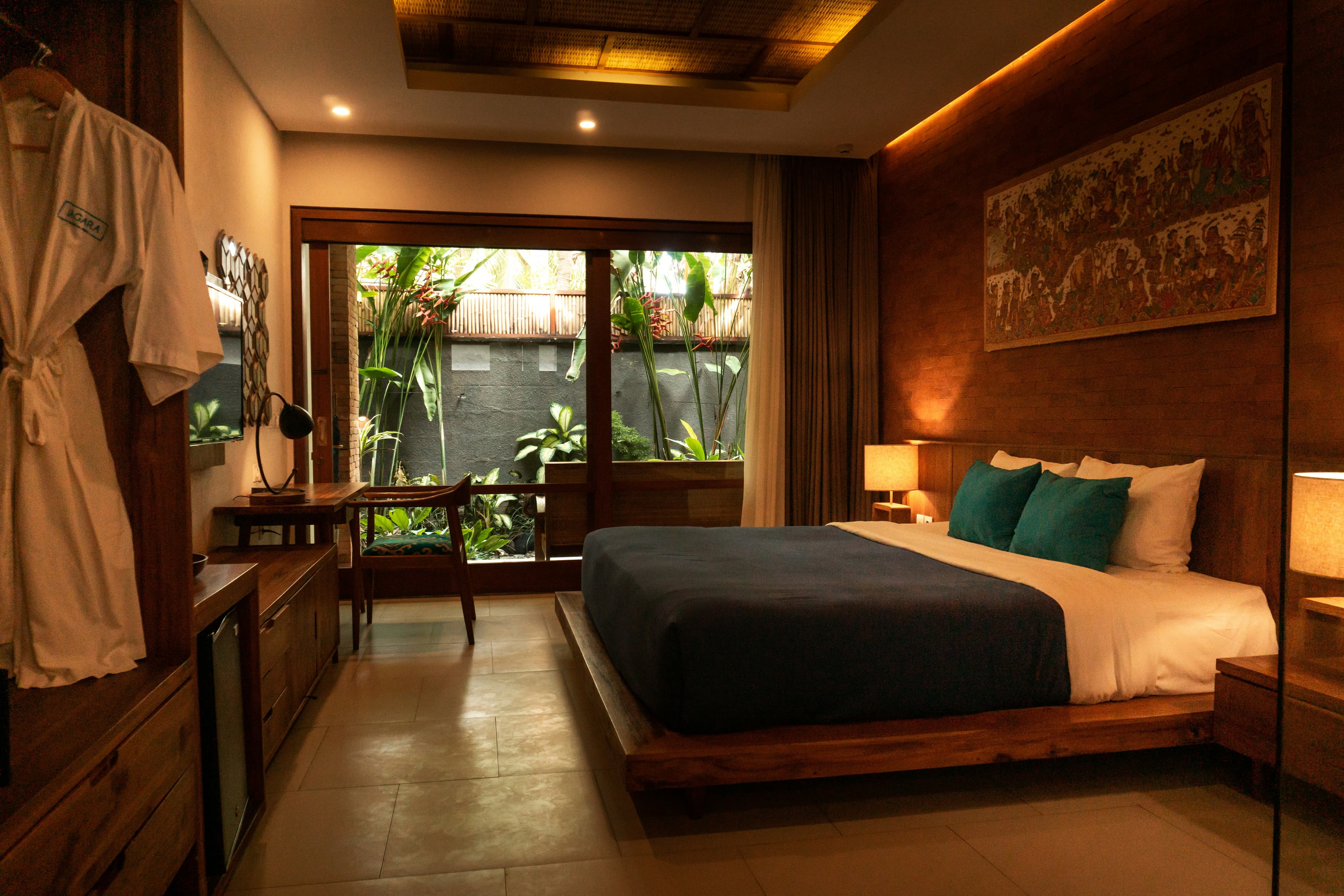 A warm, teak-panelled hotel room